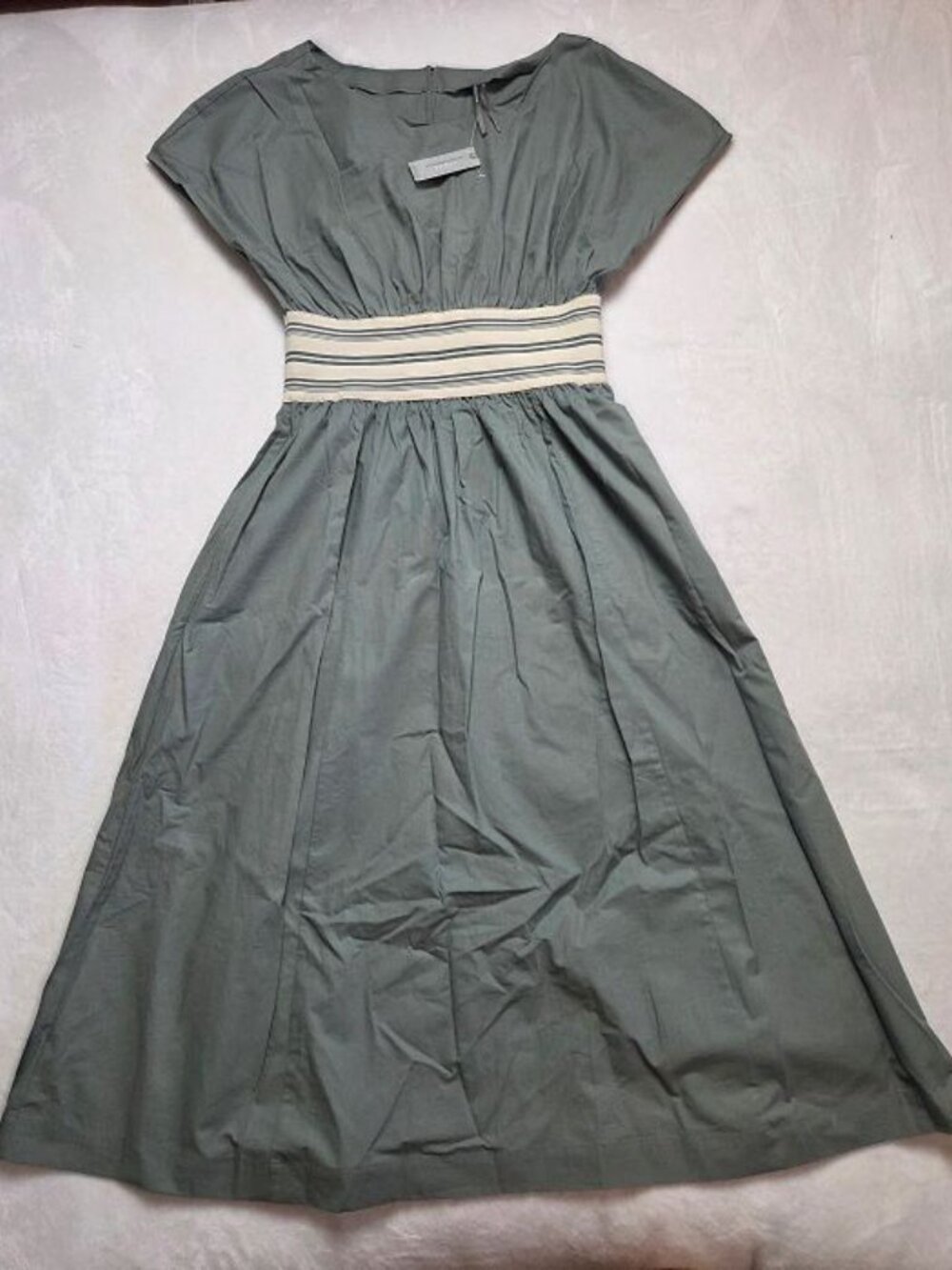 New MP Anthropologie waisted short-sleeve A-line midi dress Duck Green M Petite - Picture 4 of 12